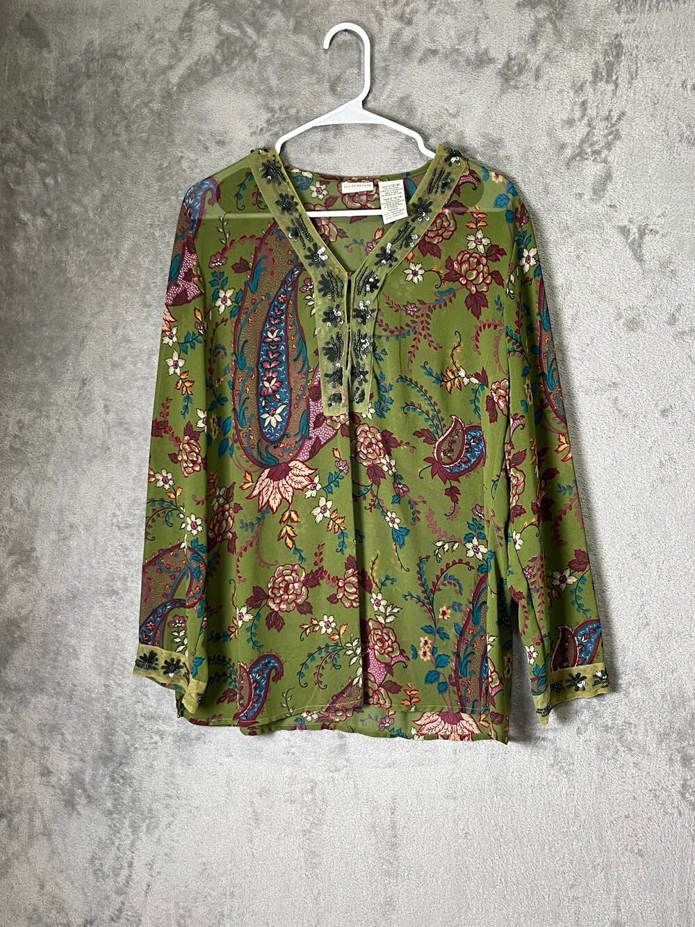 Vintage Y2K Olive Green Paisley Floral Beaded Sequin Tunic Blouse Boho Folk Art